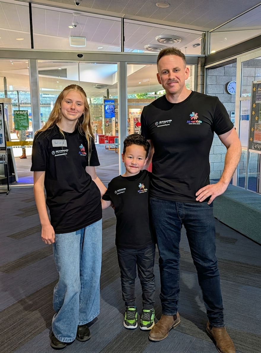William and a young helper with host Patrick, all in AI for Kids t-shirts