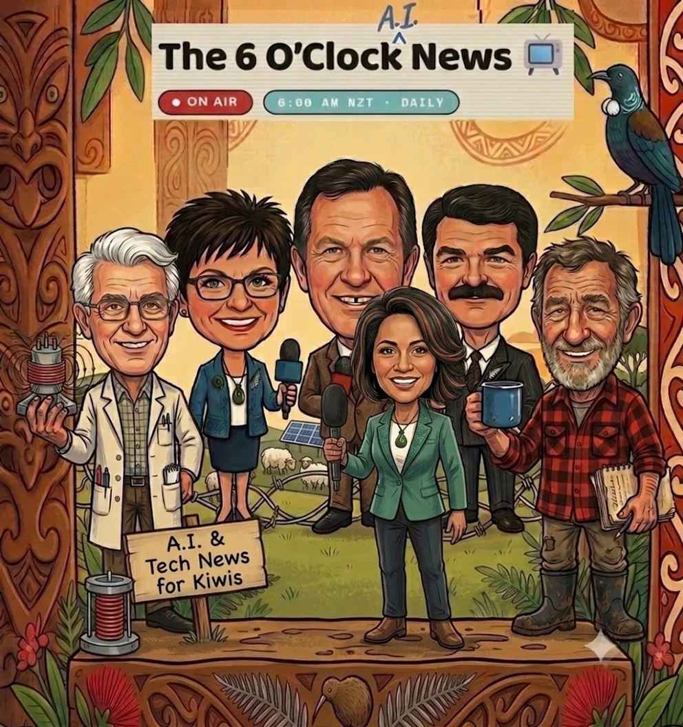 The 6 O'Clock A.I. News crew — caricatures of the Visionary, the Nation's Mother, the Main Anchor, the Veteran Critic and the No.8 Wire Philosopher